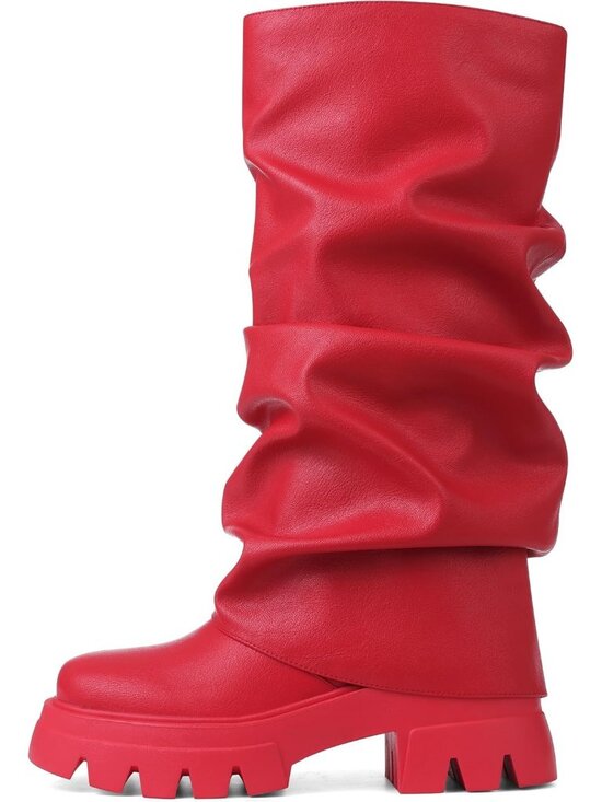 Shoes - Women's Red Fold Over Boots Slouchy Boots Wide Calf Pleated Platform Boots